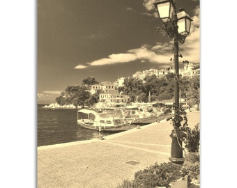 Vintage Skiathos Greece Poster: Sepia Harbor Photo Print