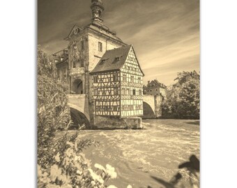 Vintage Leipzig Germany Poster: Sepia River Bridge Photo