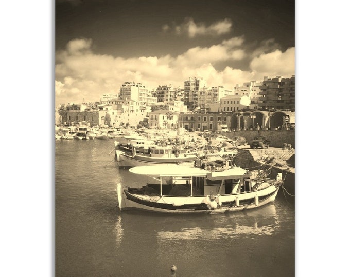 Heraklion Poster Vintage Greece Print | Retro Harbor Boats Black White Sepia Photo Gift | Cityscape Wall Art Home Decor | Vertical Photo