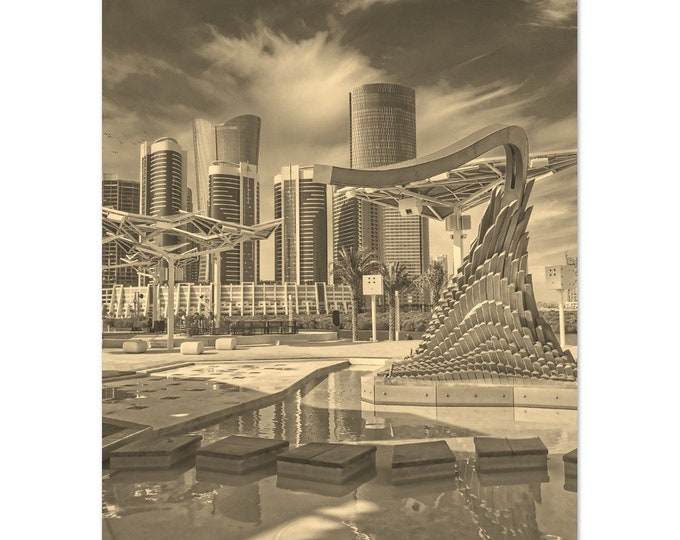 Vintage Abu Dhabi UAE Skyscrapers Poster | Retro Abu Dhabi Sepia Print | Abu Dhabi Wall Art Home Decor | Vertical Abu Dhabi Travel Photo Art