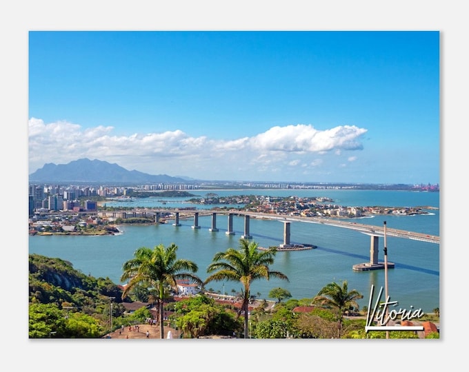 Vitória Brazil Travel Poster Wall Art | Vitória Bridge Home Decor | Vitória Digital Print | Vitória Coast Town Horizontal Palm Trees Photo
