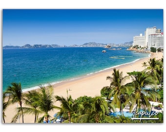 Póster de viaje de Acapulco, México: Arte mural con escena de playa