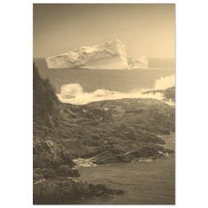 Vintage Terranova y Labrador Canadá Cartel de viaje Icebergs Imprimir pared Arte Decoración del hogar / Terranova y Labrador Paisaje marino Sepia Foto