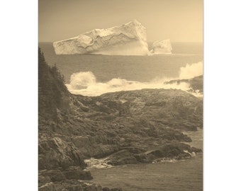 Vintage Newfoundland Iceberg Print: Sepia Seascape Travel Poster