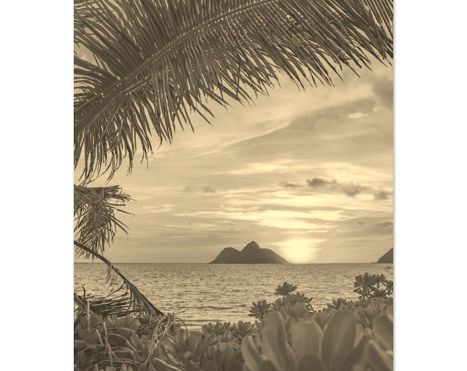 Vintage Oahu Hawaii Travel Poster Print Wall Art | Retro Oahu Beach Home Decor | Tropical Oahu Print Vertical | Oahu Coast Sepia Photo Gift