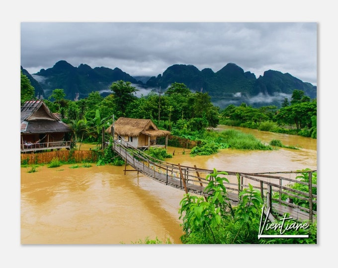 Vientiane Laos Poster Print Wall Art | Vientiane Nam Song River Home Decor | Vientiane Laos Skyline | Vientiane Wooden Bridge Travel Photo