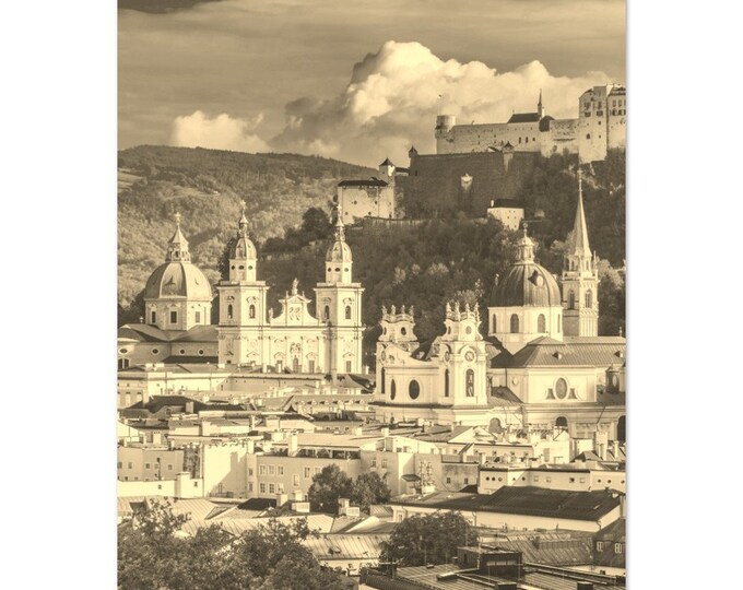Vintage Salzburg Austria Travel Poster Print Wall Art | Retro Salzburg Home Decor | Salzburg Cityscape Print | Salzburg Town Sepia Photo