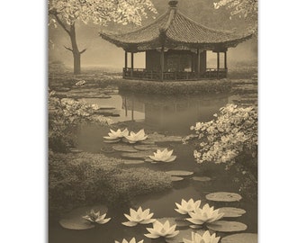 Vintage Kyoto Temple Pond Poster: Sepia Waterlily Photo Print