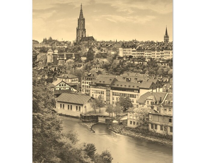 Vintage Bern Switzerland Travel Poster Print Wall Art | Retro Bern City Home Decor | Bern Coast Print Vertical Print | Bern Sepia Photo
