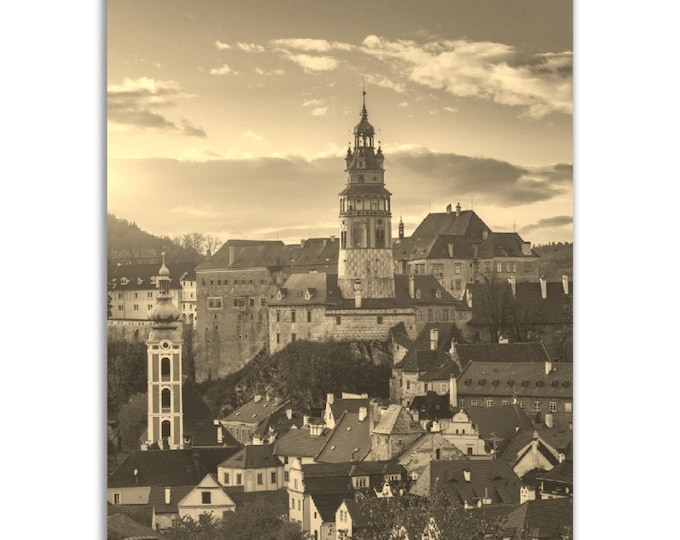 Vintage Cesky Krumlov Poster Print | Retro Czech Republic Black White Sepia Photo Gift | Historical Wall Art Home Decor | Vertical Poster