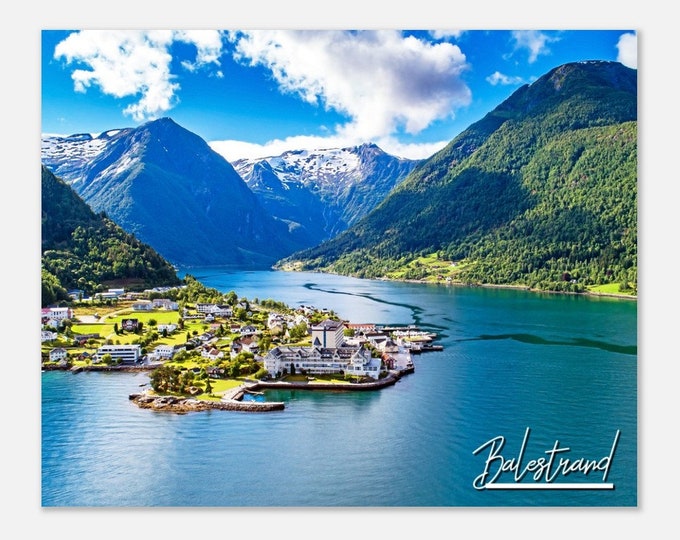 Balestrand Norway Mountain Travel Poster Print Wall Art | Balestrand Fjord Coast Home Decor | Centre of Balestrand Print Colorful Photo Gift