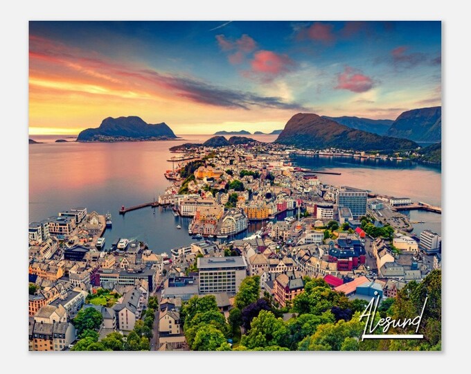 Alesund Norway CityTravel Poster Print Wall Art | Alesund Town Home Decor | Alesund Port Print Horizontal | Alesund Coast Colorful Photo