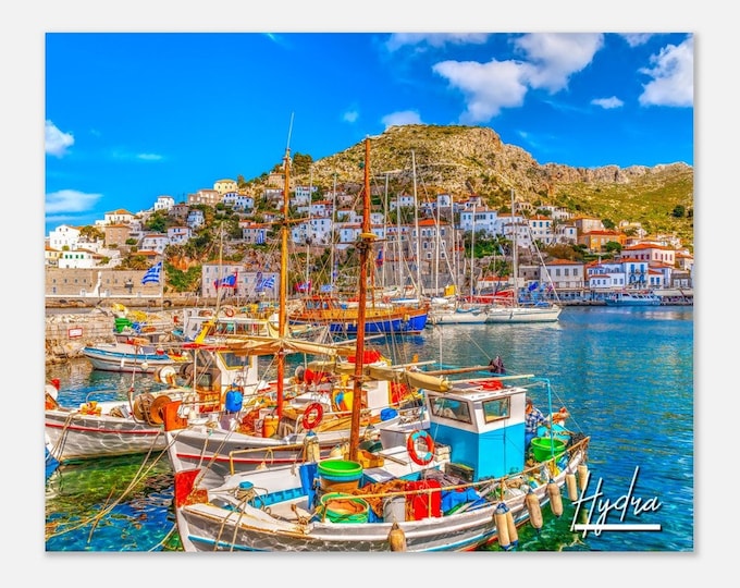 Hydra Greece Poster Print Wall Art | Hydra Home Decor | Hydra Saronic Gulf Digital Print | Fishing Boats Horizontal | Hydra Travel Photo