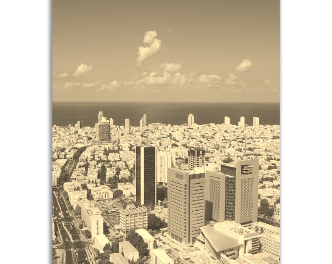 Vintage Tel Aviv Poster Israel Print | Retro Tel Aviv Black White Sepia Photo Gift | Wall Art Home Decor | Vertical Travel Cityscape Poster