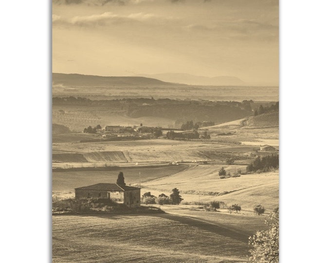 Vintage Tuscany Italy Poster Print | Retro Countryside Black White Sepia Photo Gift Tuscany Wall Art Home Decor Vertical Travel Field Poster