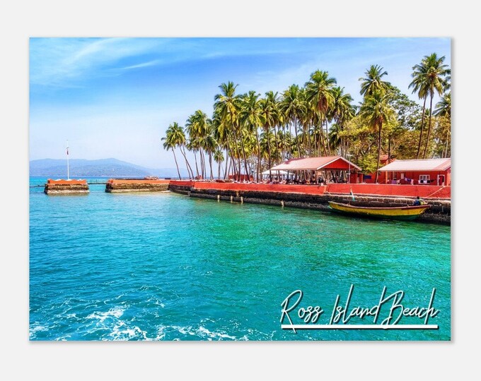 Ross Island Beach India Travel Poster Wall Art | Ross Island Beach Bay Home Decor  Andaman India Print | Ross Island Beach Coast Boat Photo