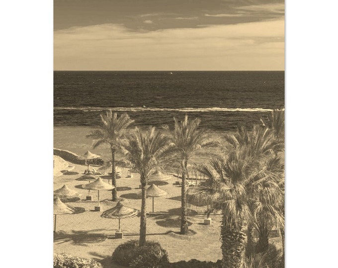 Vintage Hurghada Egypt Travel Poster Print Wall Art | Retro Hurghada Palm Trees Home Decor | Hurghada Beach Print Vertical  Sepia Photo Gift