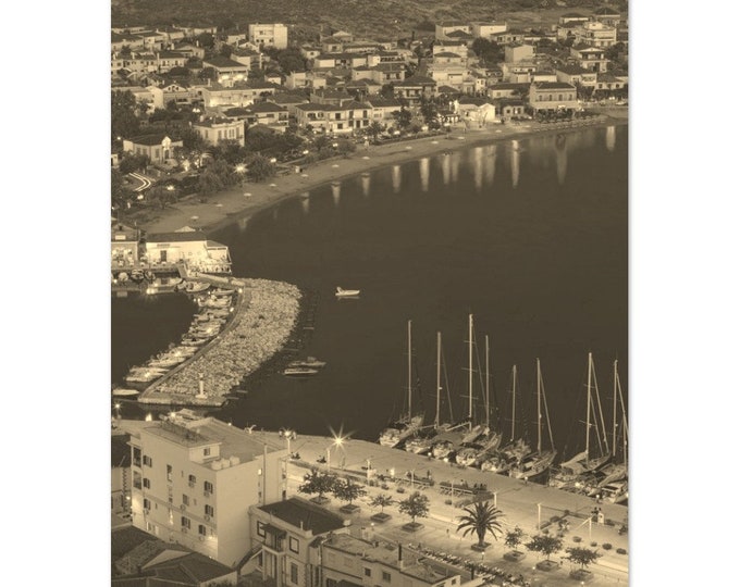 Vintage Lemnos Greece Port Poster | Retro Lemnos Town Sepia Print | Lemnos Coast Wall Art Home Decor | Vertical Lemnos City Travel Photo Art
