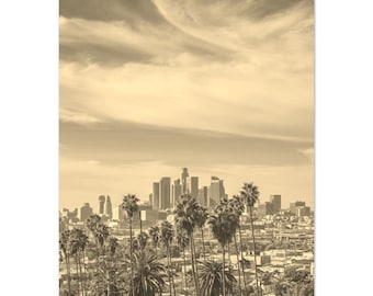 Vintage Los Angeles California Cityscape Travel Poster Print Wall Art | Los Angeles Palm Trees Home Decor | Los Angeles Print Sepia Photo