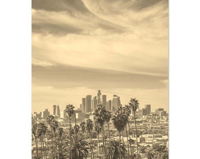 Vintage Los Angeles California Cityscape Travel Poster Print Wall Art | Los Angeles Palm Trees Home Decor | Los Angeles Print Sepia Photo