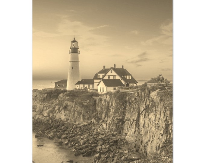 Vintage Rocky Coast Maine Travel Poster Print Wall Art | Retro Rocky Coast Home Decor | Rocky Coast Lighthouse Vertical Print Sepia Photo