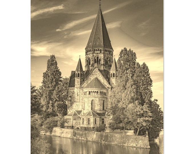 Vintage Metz France Travel Poster Print Wall Art | Retro Metz Church Home Decor | Metz Print Vertical | Metz Coast Sepia Photo Present