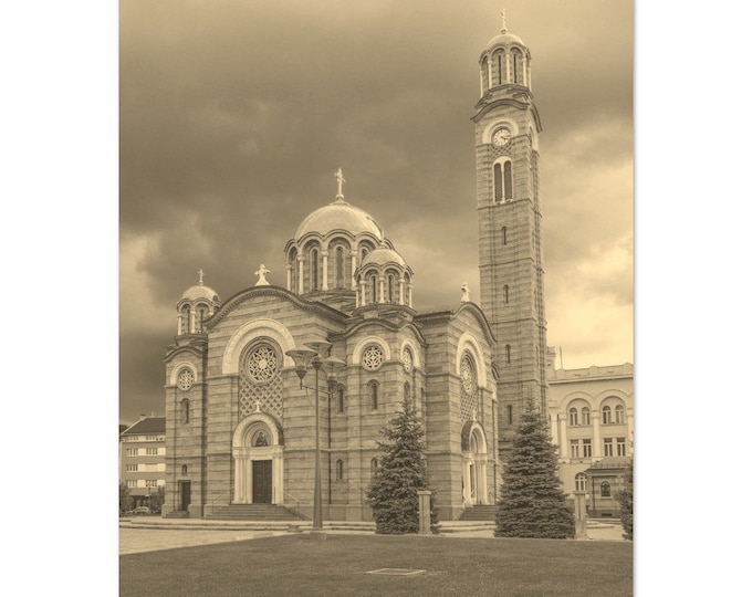 Vintage Banja Luka Bosnia and Herzegovina Poster | Retro Banja Luka Cathedral Sepia Print Wall Art Home Decor | Banja Luka Travel Photo Art