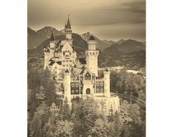 Vintage Neuschwanstein Castle Poster: Sepia Bavaria Travel Print