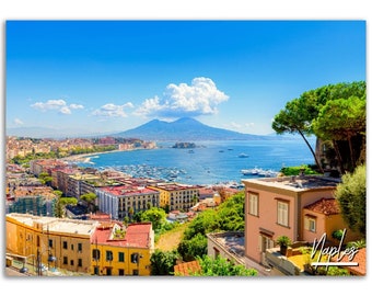 Naples Italy Poster Print Cityscape Wall Art | Mount Vesuvius Home Decor Gift Hangings | Naples Digital Print | Horizontal Travel City Photo