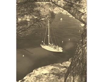 Vintage Cassis France Poster: Sepia Coast Boat Print