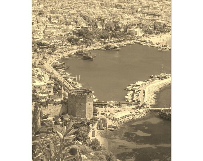 Vintage Alanya Port Turkey Travel Poster Print Wall Art | Retro Alanya Town Home Decor | Alanya City Print Vertical | Alanya Sepia Photo