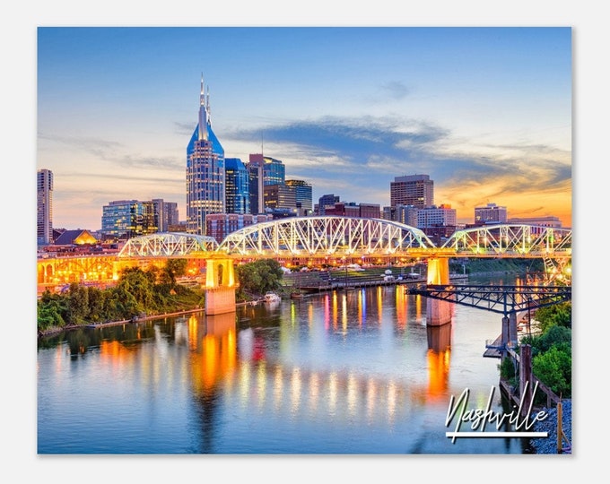 Nashville Skyline Tennessee Poster Print Wall Art | Nashville Sunset Home Decor Gift Hangings | Nashville Cityscape Horizontal Travel Photo