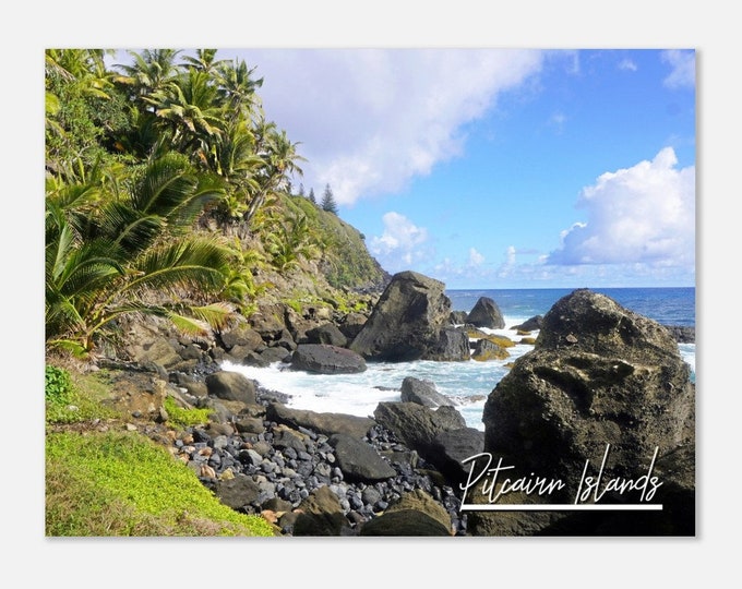 Pitcairn Islands Prince Edward Island Travel Poster Wall Art | Pitcairn Islands Home Decor | Rugged Islands Print Rocks Palm Trees Photo