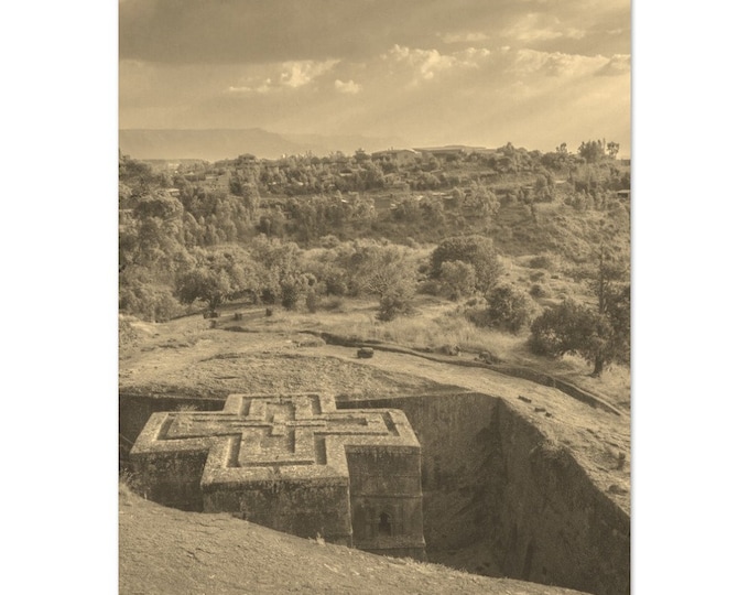 Vintage Lalibela Ethiopia Travel Poster Print Wall Art | Retro Lalibela Home Decor | Lalibela Rock-Hewn Churches Vertical Sepia Photo Gift