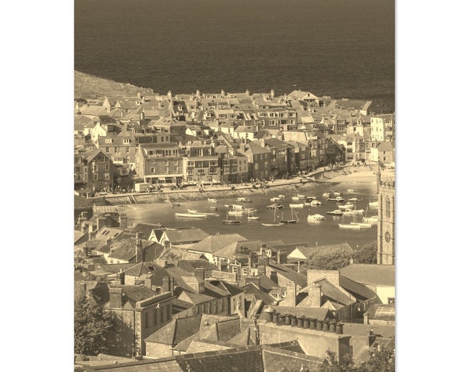 Vintage Cornwall City United Kingdom Travel Poster Print Wall Art | Retro Cornwall Home Decor | Cornwall Town Print Vertical Sepia Photo