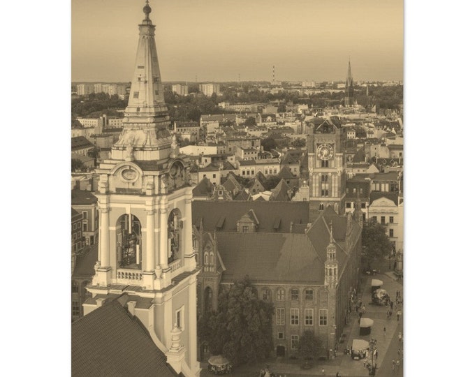 Vintage Torun Town Poland Poster | Retro Torun Cityscape Sepia Print | Torun Wall Art Home Decor | Vertical Torun Cathedral Travel Photo Art