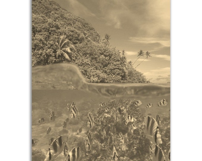 Vintage French Polynesia Poster Ocean Sea Print | Retro Tropical France Black White Sepia Photo Gift Wall Art Home Decor | Vertical Poster