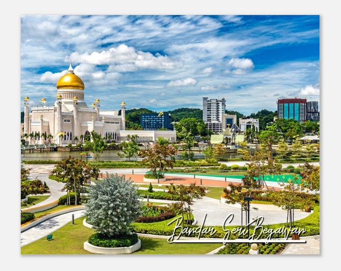 Bandar Seri Begawan Brunei Travel Poster Wall Art | Omar Ali Saifuddien Mosque Home Decor Print | Bandar Seri Begawan Horizontal Photo Gift
