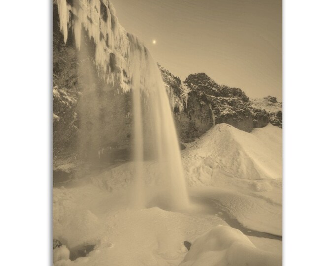 Vintage Iceland Poster Print | Iceland Winter Waterfall Sepia Photo Gift | Iceland Wall Art Home Decor | Vertical Iceland Travel Poster