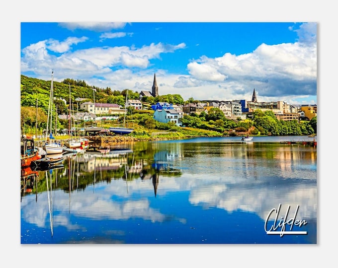 Clifden Ireland Poster Wall Art | Clifden Port Home Decor | Boats Anchored Print | Clifden Horizontal | Clifden Townscape Travel Photo Gift