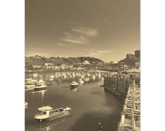Vintage Jersey United Kingdom Poster | Retro Jersey Coastal Sepia Print | Jersey Boats Wall Art Home Decor | Vertical Jersey Travel Photo