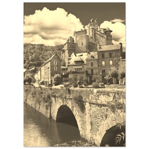 Vintage Dordogne Francia cartel de viaje impresión arte de la pared / Retro Dordogne Home Decor / Dordogne Bridge Coast Vertical / Dordogne Sepia Photo