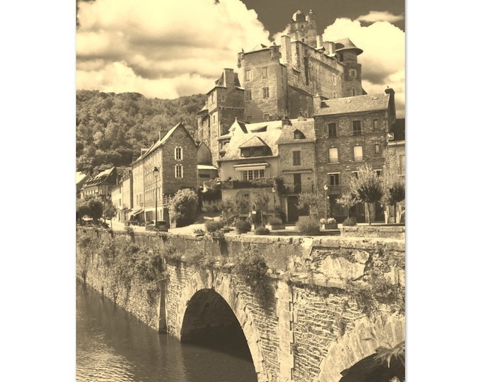Vintage Dordogne France Travel Poster Print Wall Art | Retro Dordogne Home Decor | Dordogne Bridge Coast Vertical | Dordogne Sepia Photo