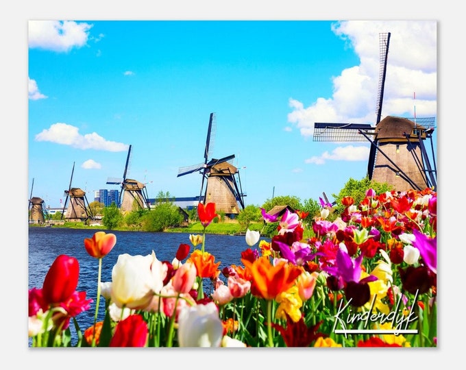 Kinderdijk Netherland Travel Poster Wall Art | Kinderdijk Home Decor | Kinderdijk Tulips Print Horizontal | Holland Windmill Landscape Photo