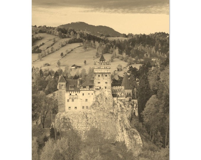 Vintage Brasov Romania Travel Poster Print Wall Art | Retro Brasov Home Decor | Brasov Castle Vertical | Brasov Mountain Sepia Photo Present
