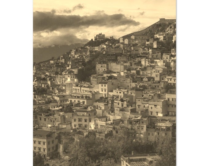 Vintage Chefchaouen Morocco Travel Poster Print Wall Art | Retro Chefchaouen Blue Town Home Decor Print Vertical | Chefchaouen Sepia Photo