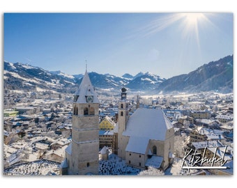 Póster de montaña invernal de Kitzbühel, Austria: decoración de viaje para el hogar