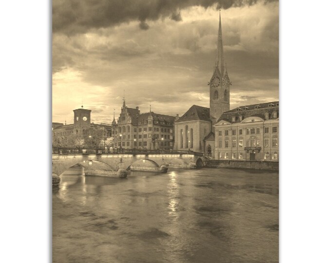 Vintage Zurich Switzerland Poster Print | Retro Zurich Black White Sepia Photo Gift Wall Art Home Decor | Vertical Zurich Travel City Poster