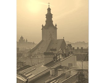 Lviv Ukraine Poster Vintage Print | Retro Church Lviv Black White Sepia Photo Gift | Lviv UA Wall Art Home Decor Vertical Travel City Print
