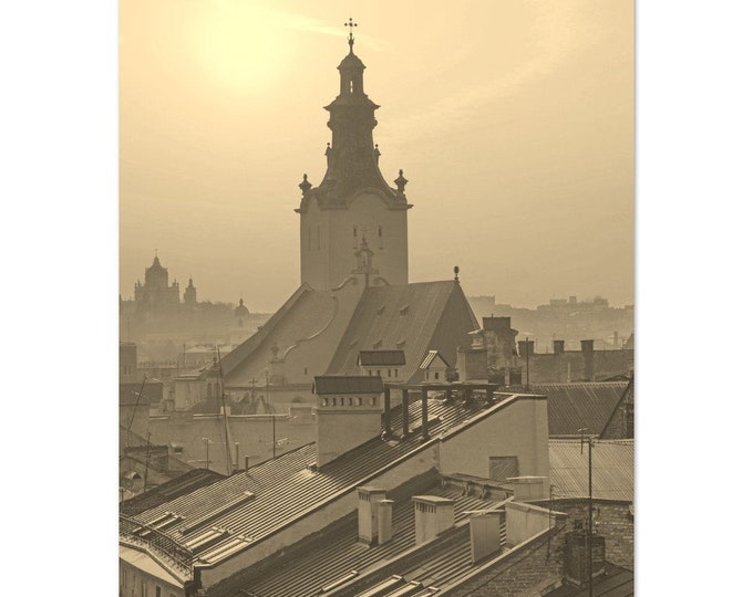 Lviv Ukraine Poster Vintage Print | Retro Church Lviv Black White Sepia Photo Gift | Lviv UA Wall Art Home Decor Vertical Travel City Print